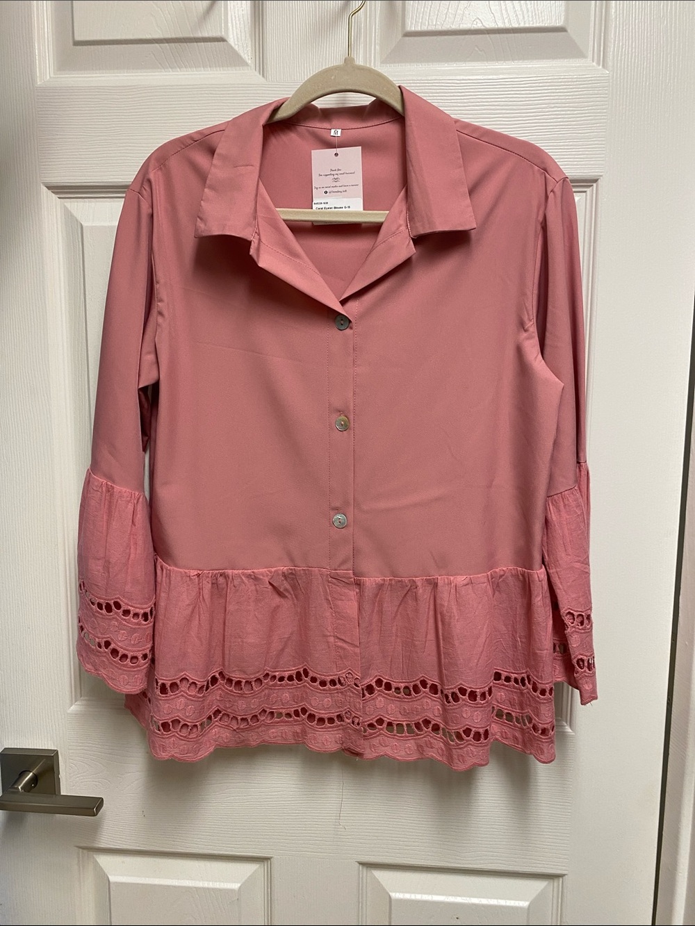 Womens Rose Pink Button-Down Blouse with Eyelet Trim